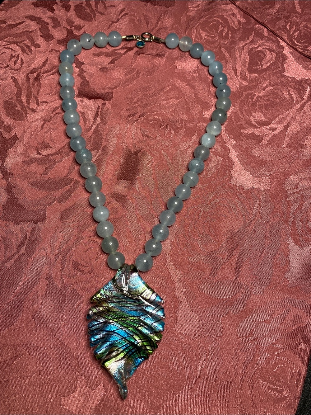 Blue Beaded Necklace with Dichroic Glass Leaf Pendant
